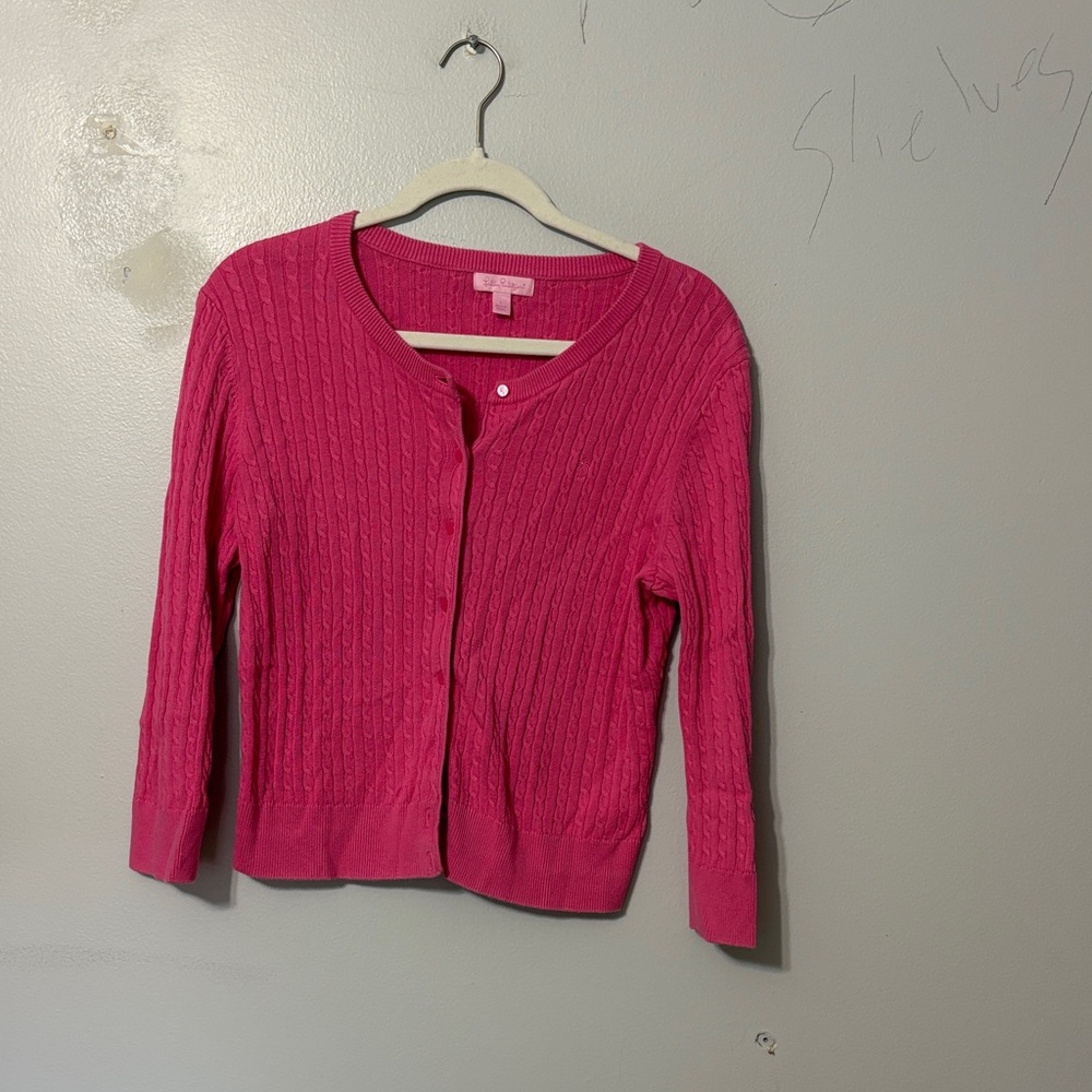 Lilly Pulitzer Pink Cable Knit Cardigan Cotton Button Front Sz L - Picture 2 of 5